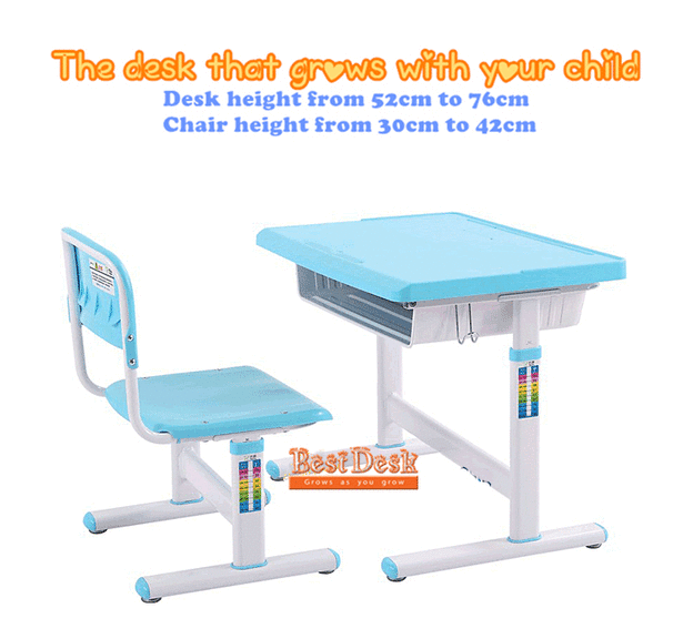 Desk and chair adjust up and down to suit the child's height